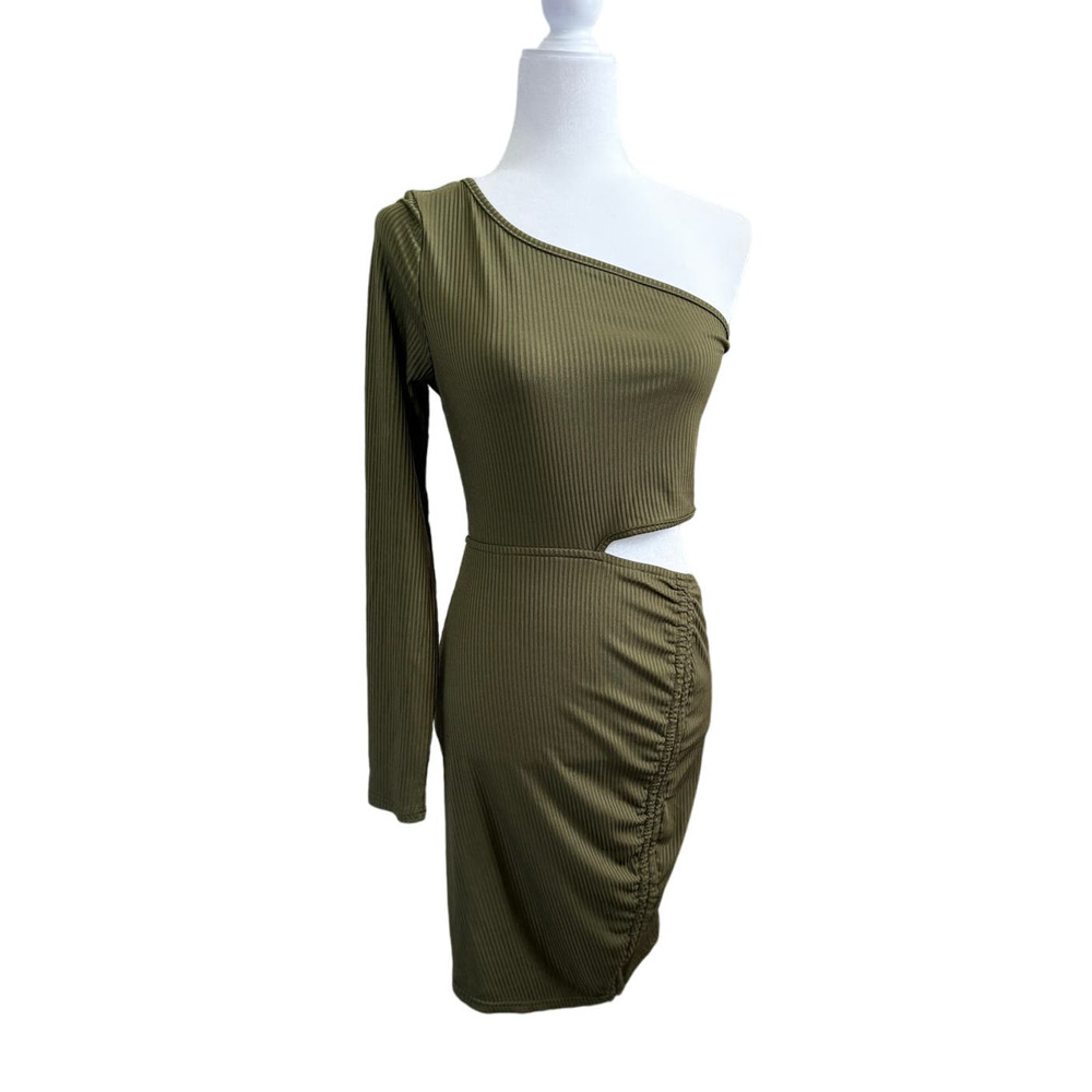 NWT Women's One Arm Cut Midriff Army Green Dress Sexy Club Night Medium